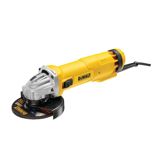 Yellow DEWALT corded angle grinder with black cutting disc placed on white background.