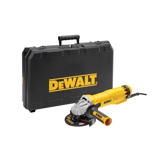DEWALT angle grinder with yellow handle shown beside black carrying case, both featuring the DEWALT logo.