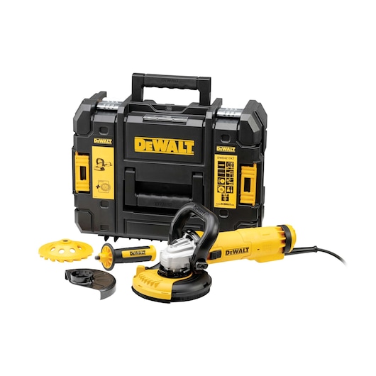 DEWALT DWE4217KT grinder kit with case, attachments, and accessories displayed on a white background.
