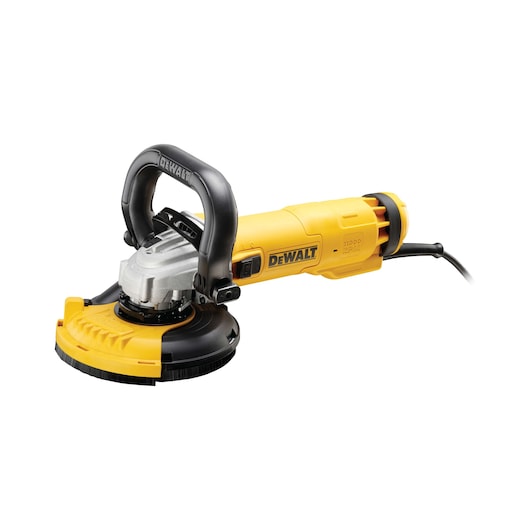 DEWALT yellow and black angle grinder with power cord and protective handle, suitable for professional grinding tasks.