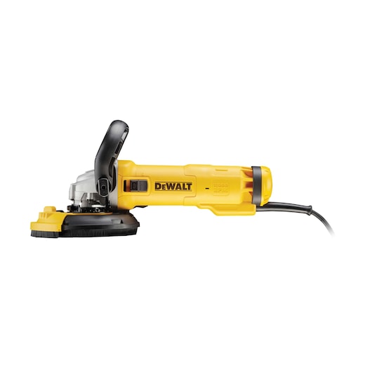 DEWALT yellow angle grinder with side handle and cord, shown against a white background.