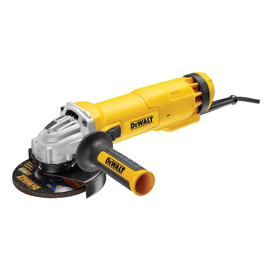 Yellow DEWALT corded angle grinder with side handle and abrasive disc, shown on a white background.