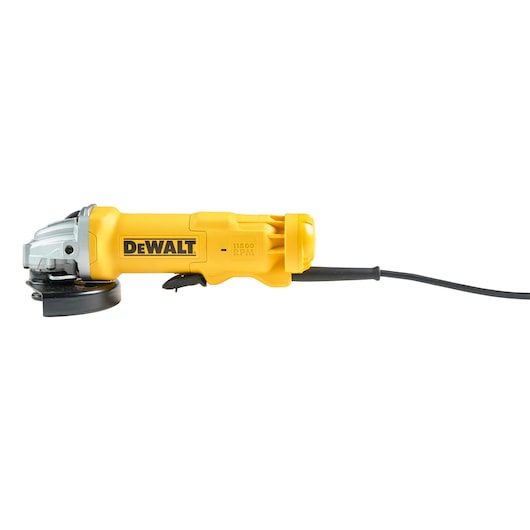 A yellow and black DEWALT corded angle grinder with a side handle, model DWE4233, shown on a white background.