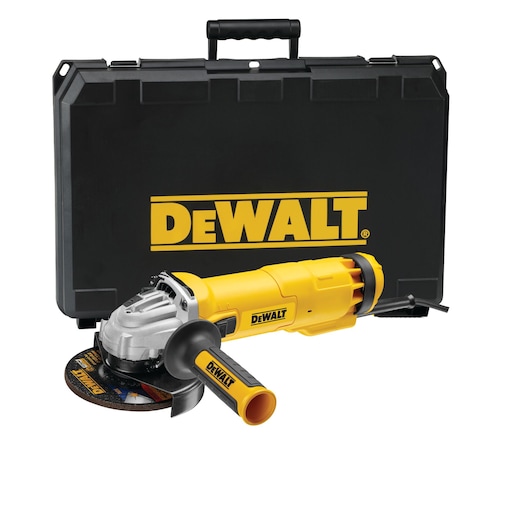 DEWALT angle grinder with yellow handle and black carrying case shown together.
