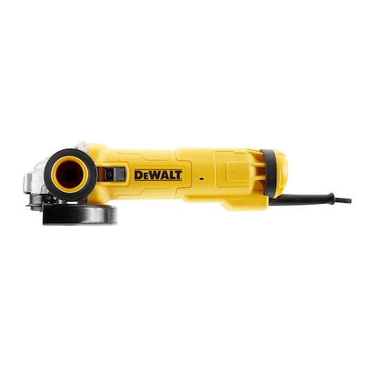 A yellow and black DEWALT electric angle grinder with a side-on view, showing its corded design, flat on a white background.