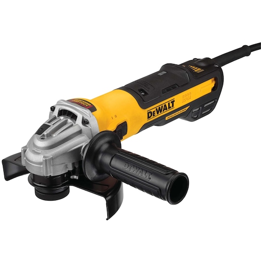 A DEWALT angle grinder with a yellow and black design, featuring a side handle, power cord, and visible guard around the grinding wheel.