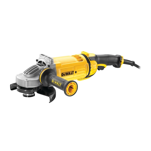 DEWALT corded angle grinder with a yellow and black body, side handle, and safety guard, model DWE4557.