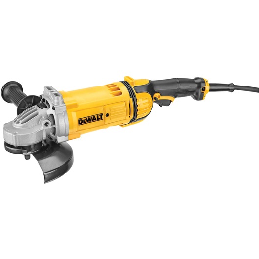 A yellow and black DEWALT electric angle grinder with a side handle and power cord, model DWE4557, placed on a white background.