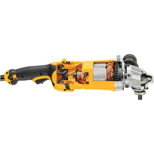 A DEWALT angle grinder with its outer casing partially cutaway to reveal the internal components, including the motor, gears, and wiring. The tool has a yellow and black handle design.