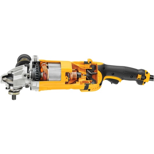 A DEWALT angle grinder with a partially cutaway casing showing internal components such as gears, motor, and wiring. The tool has a yellow and black design and is powered by a cord.