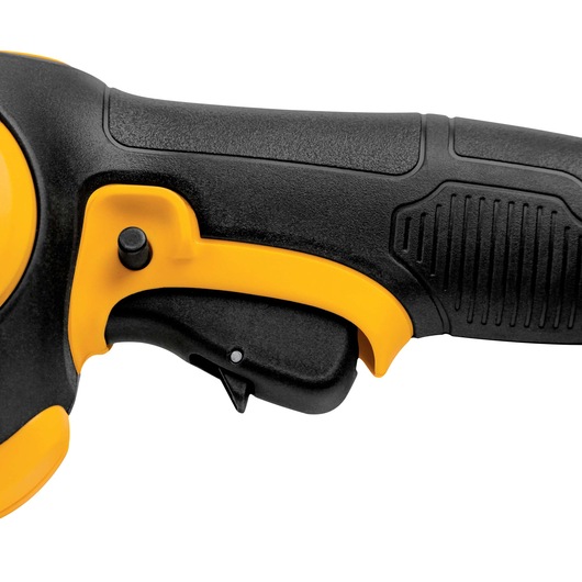 Close-up of a DEWALT power tool handle with a yellow and black ergonomic grip, showing the trigger and safety lock button.