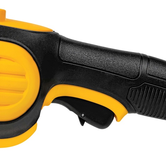Close-up of a DEWALT power tool handle featuring a black and yellow ergonomic grip and trigger.