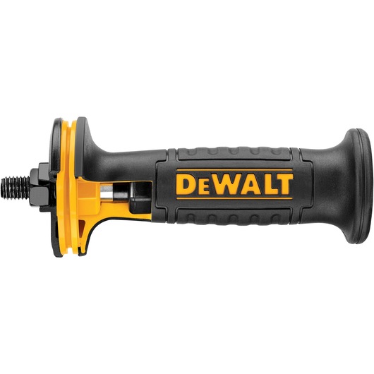 A close-up side view of a DEWALT branded black and yellow auxiliary handle attachment for a power tool, designed with a comfortable grip and threaded end for installation.