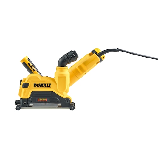 A yellow and black DEWALT electric planer tool with a cord attached, displayed on a white background.