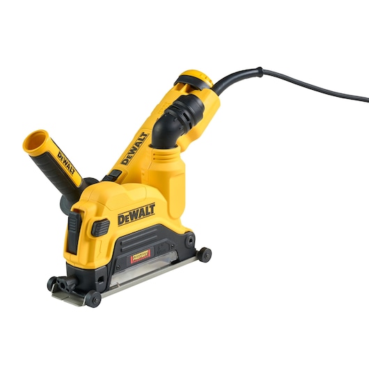 DEWALT electric handheld grinder with ergonomic grip and dust extraction, shown on a white background.