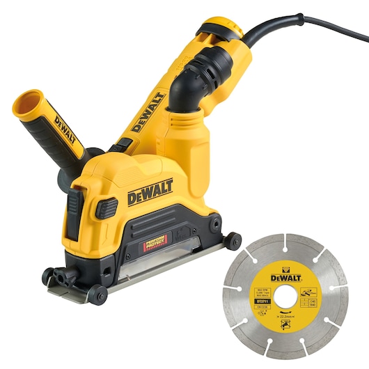 A DEWALT wall chaser power tool in yellow and black, shown beside a circular saw blade with DEWALT branding. The tool features a handle, cord, and built-in dust extraction attachment.
