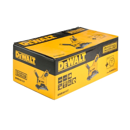 DEWALT DWE46107 product box, yellow and black, displaying tool image and features.