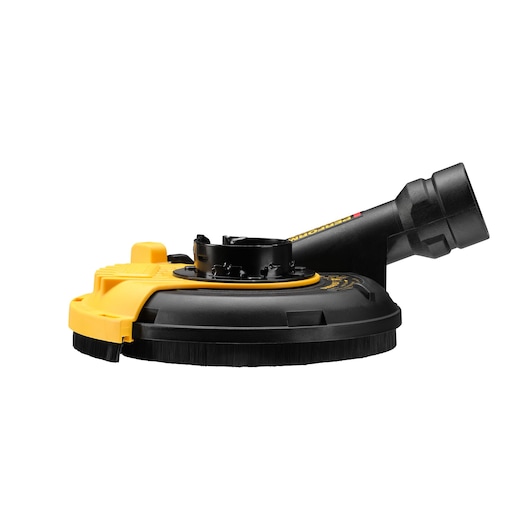 A DEWALT DWE46150 grinder dust shroud attachment in black and yellow, designed for use with angle grinders to help capture dust during grinding and sanding tasks. The attachment features a round protective cover, bristle edge, and an angled connector for attaching to a vacuum hose.