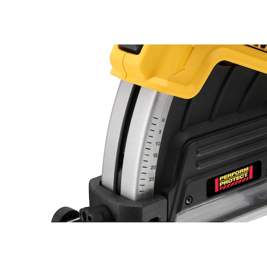 Close-up view of a DEWALT power tool showing a metal angle adjustment scale, yellow and black casing, and a 'PERFORM PROTECT' label.