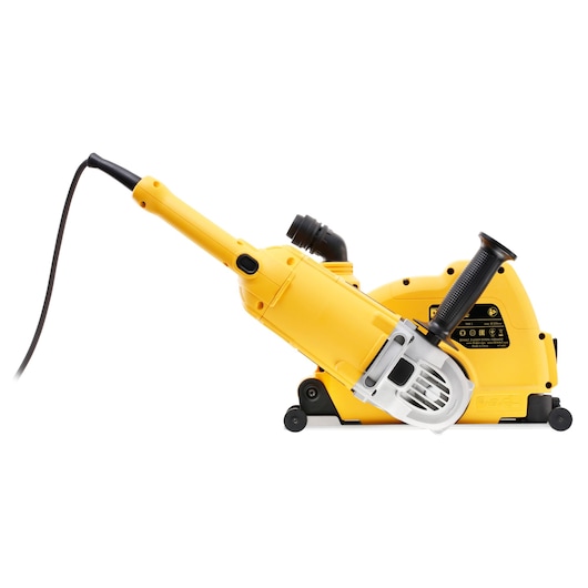 Yellow DEWALT electric wall chaser tool with handle and cord, shown against a plain white background.