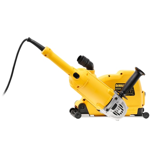 Yellow DEWALT electric wall chaser tool with a power cord and handle, side view on a white background.