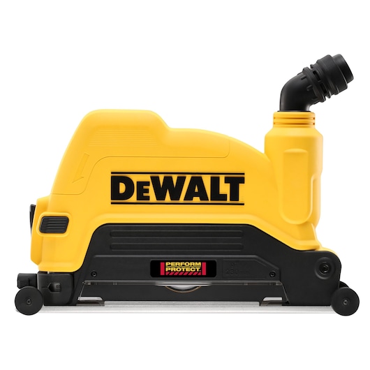 DEWALT yellow and black power tool with dust extraction attachment, side view, model DWE46229.