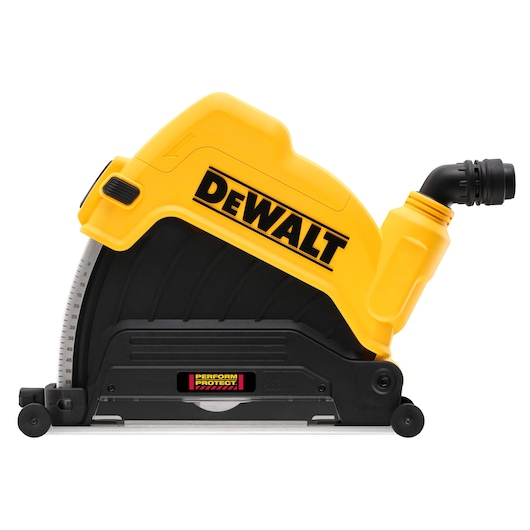 DEWALT yellow and black circular saw with dust extraction attachment, side view.