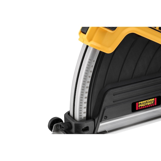 Close-up of a DEWALT tool angle gauge, yellow and black design, Perform Protect label visible.