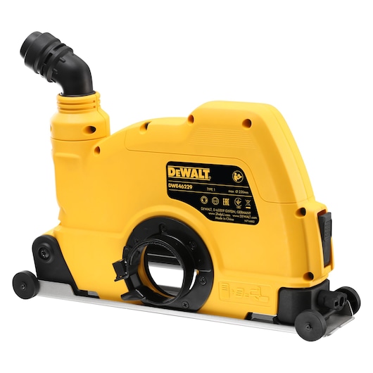 DEWALT DWE46229 yellow dust shroud attachment for angle grinders with wheels and hose connector.