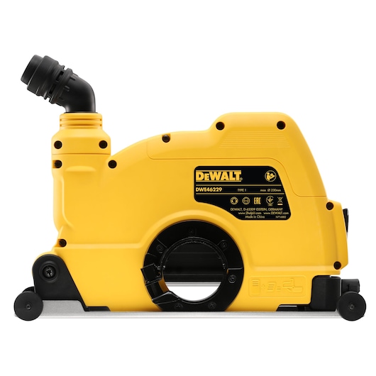 DEWALT DWE46229 yellow dust shroud accessory for grinders, shown with side view and label displayed.