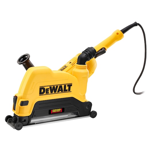 Yellow DEWALT power tool with cord, side handle, and dust outlet shown on white background.