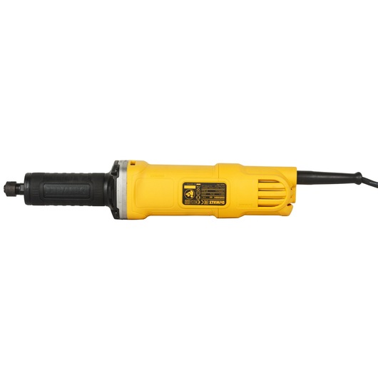 A yellow and black DEWALT electric die grinder with a cylindrical body and a cord, shown in a side view on a white background.