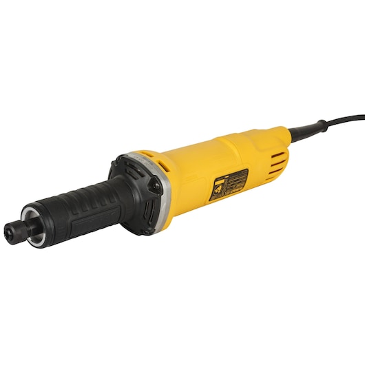 A DEWALT electric die grinder with a yellow body and black handle, shown at an angle on a white background.