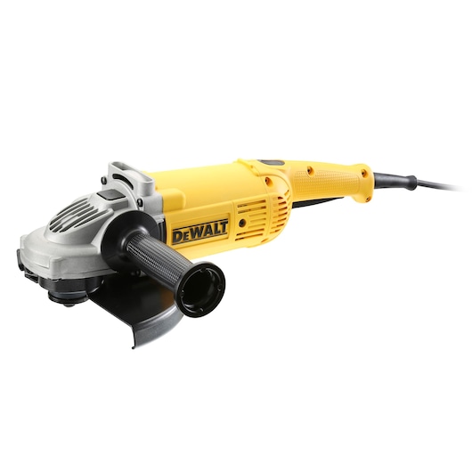 Yellow DEWALT corded angle grinder with black handle and metal guard, product on white background.