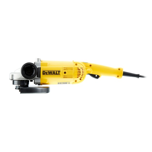 Yellow DEWALT angle grinder with side handle, power cable, and protective guard, shown on a white background.
