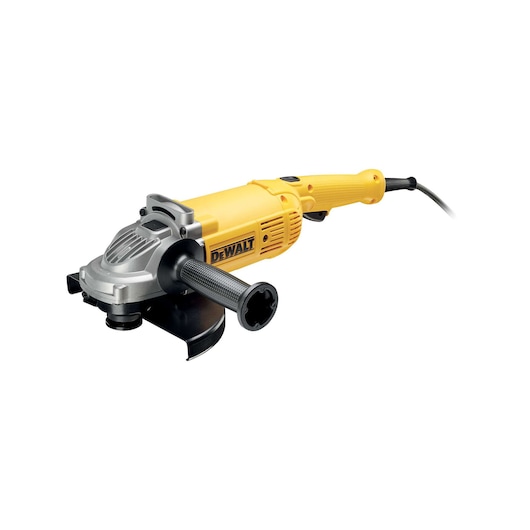 Yellow DEWALT angle grinder with side handle and cord, shown against a white background.