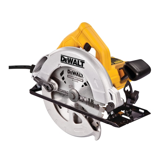 A DEWALT DWE560 circular saw with a yellow handle and a silver blade guard, designed for construction and wood cutting.