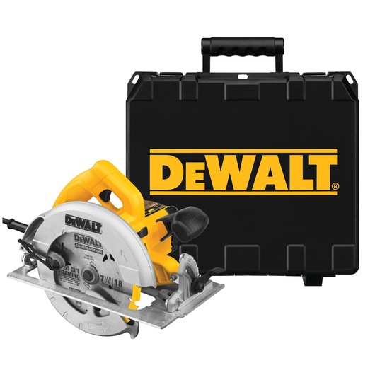 DEWALT circular saw with carrying case shown. Power tool is yellow and silver, case is black with DEWALT logo.