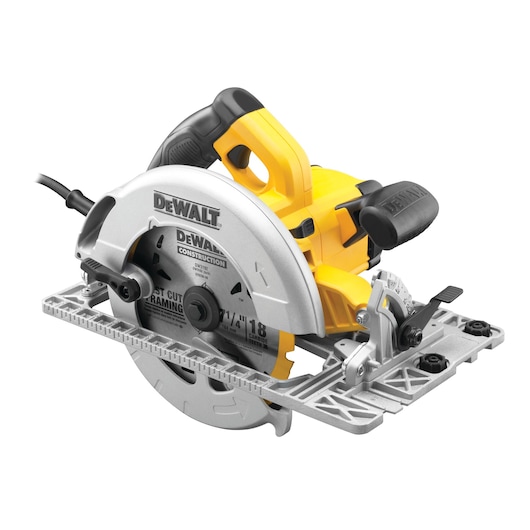Electric DEWALT circular saw with silver blade and yellow-black handle, designed for cutting wood.