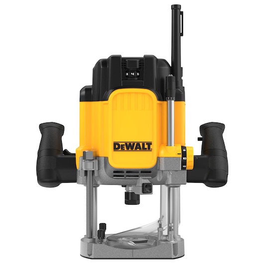DEWALT DWE625KT plunge router in yellow and black, front view with handles and adjustment knobs visible.