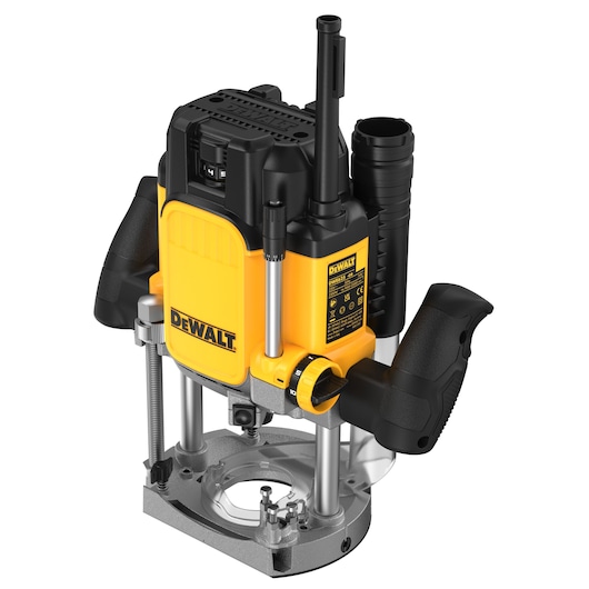 DEWALT DWE625KT plunge router tool with yellow and black body and ergonomic handles.
