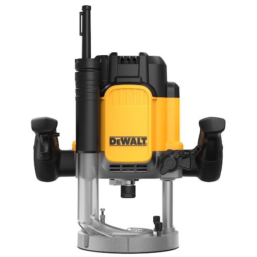 DEWALT DWE625KT plunge router with yellow body, black handles, and clear base, front view.