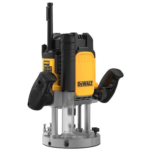 DEWALT DWE625KT plunge router with yellow and black body, two handles, and metal base, used for woodworking.