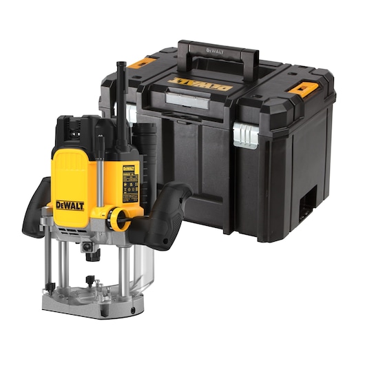 DEWALT plunge router with black and yellow case, suitable for woodworking and storage.