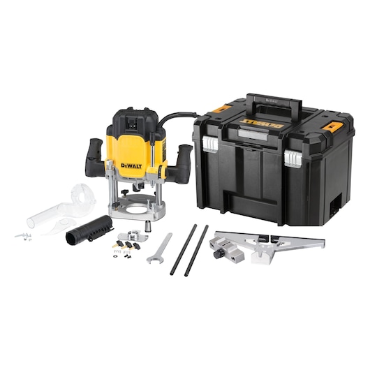 DEWALT DWE625KT router kit with accessories and carrying case on a white background.