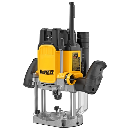 A DEWALT electric plunge router with a yellow and black body, two ergonomic black handles, precision adjustment knobs, and a metal base designed for woodworking tasks.