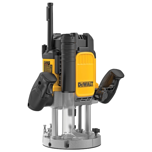 A DEWALT plunge router with a yellow and black body, ergonomic handles, and a sturdy metal base, designed for woodworking and precision cutting tasks.