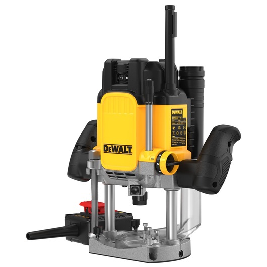 DEWALT DWE627KT router tool with yellow and black casing, ergonomic handles, and adjustment knobs.