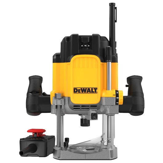 DEWALT DWE627KT plunge router with black handles and a yellow body, shown with accessory part.