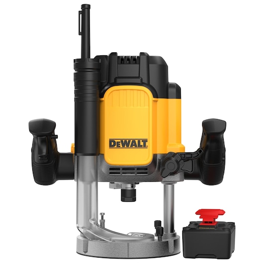 DEWALT router, yellow and black, with two handles and detachable battery, front view on white background.
